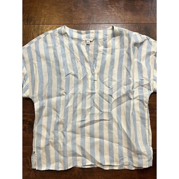 LL Bean Womens Striped 100% Lien Casual Popover Short Sleeve Shirt Sz M - Picture 1 of 5